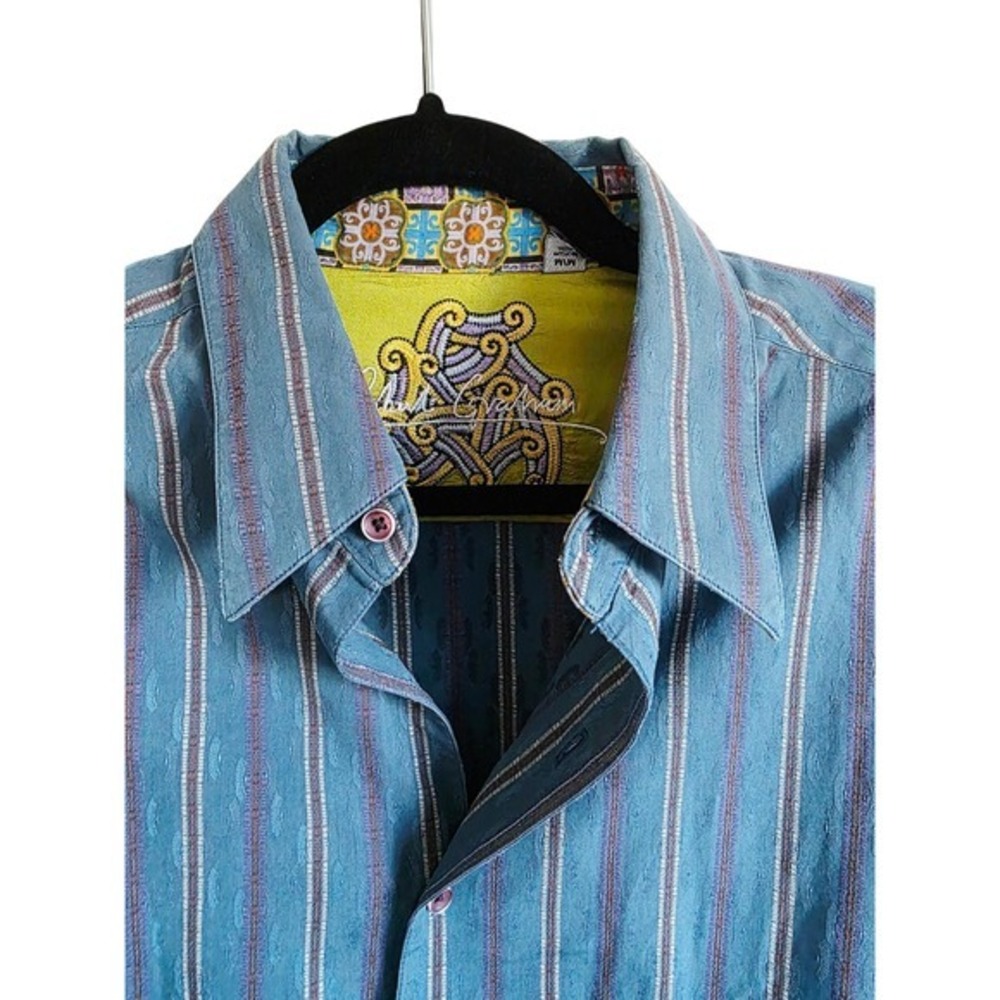 Robert Graham‎ Blue Striped Cotton Silk Button Up Shirt Men's M Made in India - Picture 5 of 14